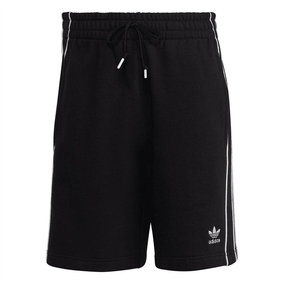 Black adidas Originals Rekive shorts with elastic waistband and drawstring, side stripes