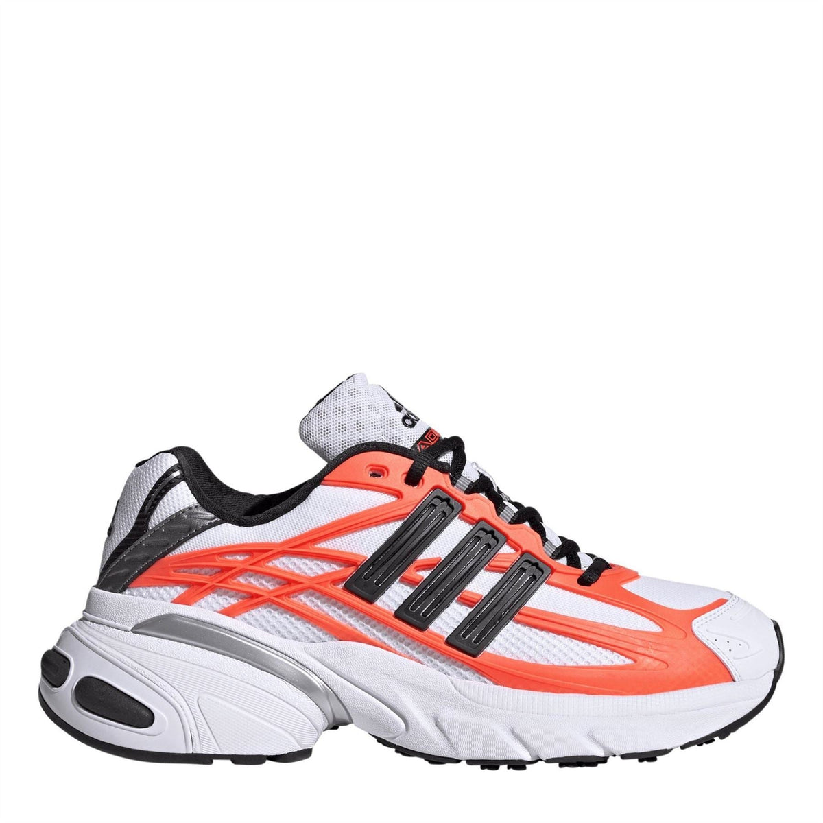 White lace-up sneakers with orange and black accents, chunky white sole