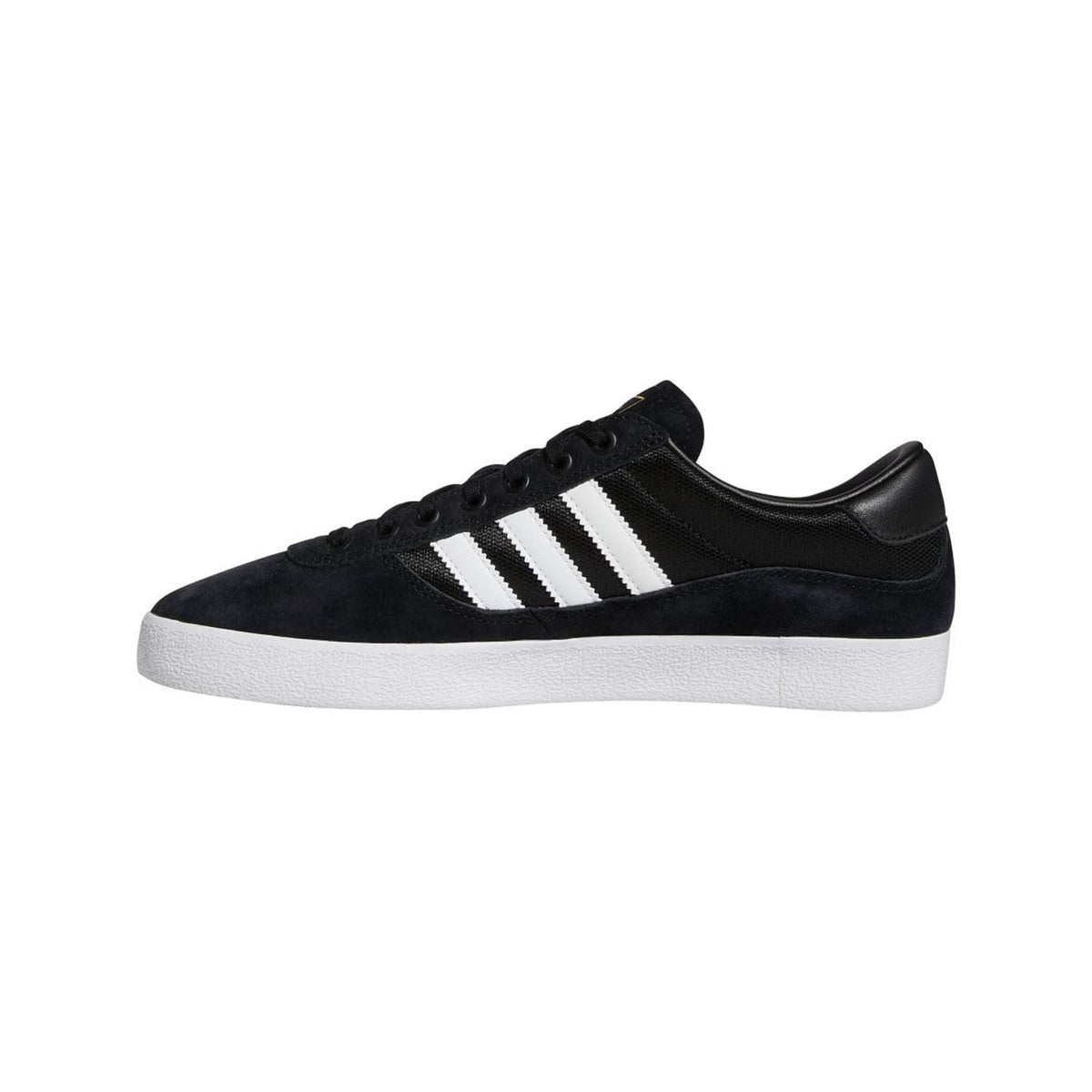 Black adidas Originals indoor trainer sneaker, front-side view with three white stripes