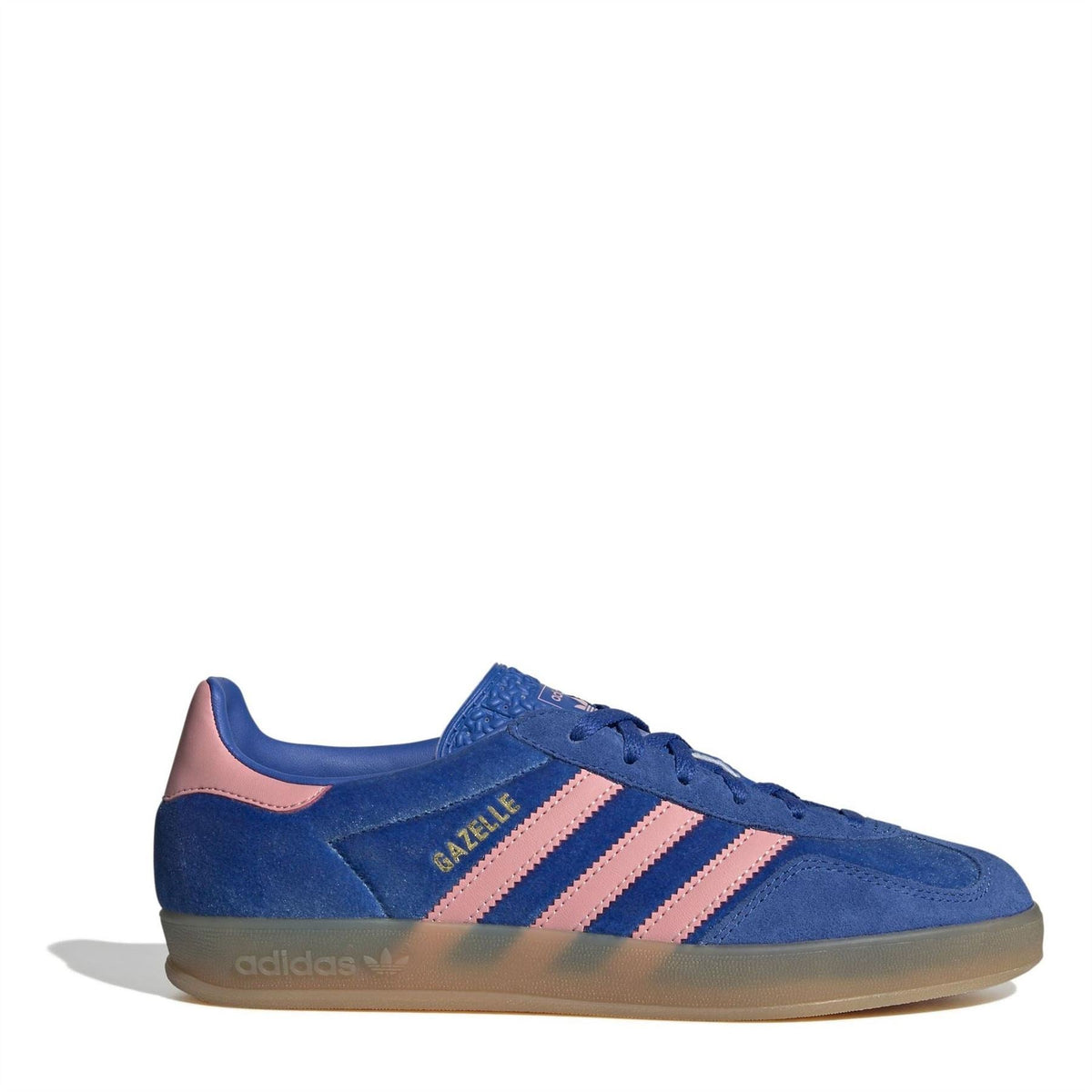 adidas Originals Gazelle low-top sneakers in blue with pink stripes and gum sole