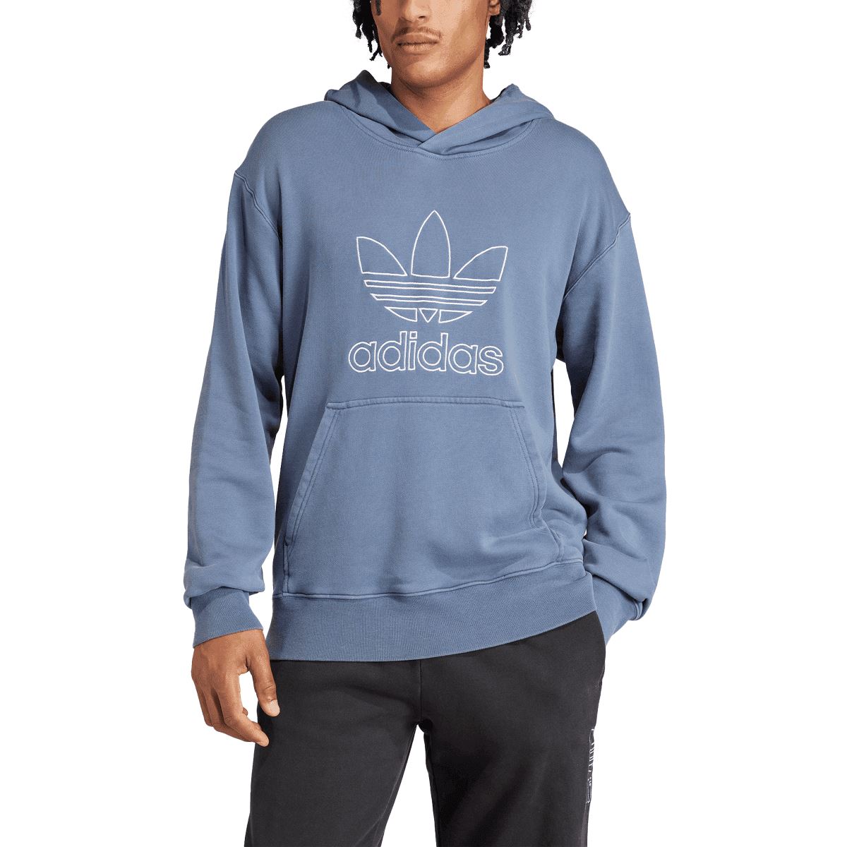 Blue adidas trefoil outline hoodie, front view with kangaroo pocket and hood