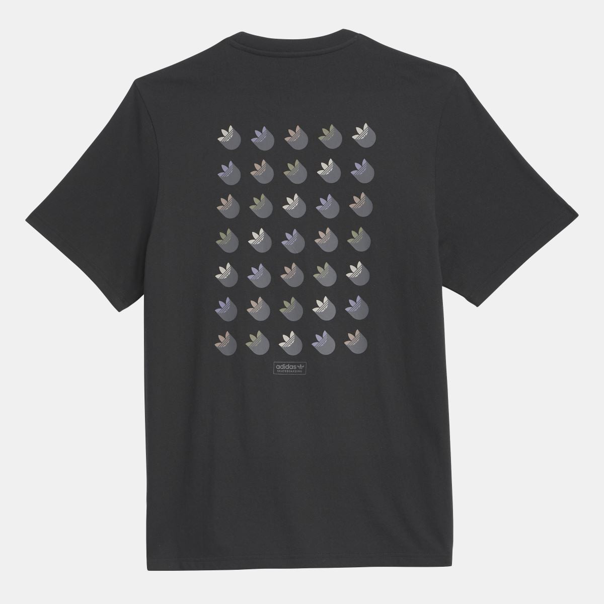 Black t-shirt with all-over trefoil shadow logo pattern on back