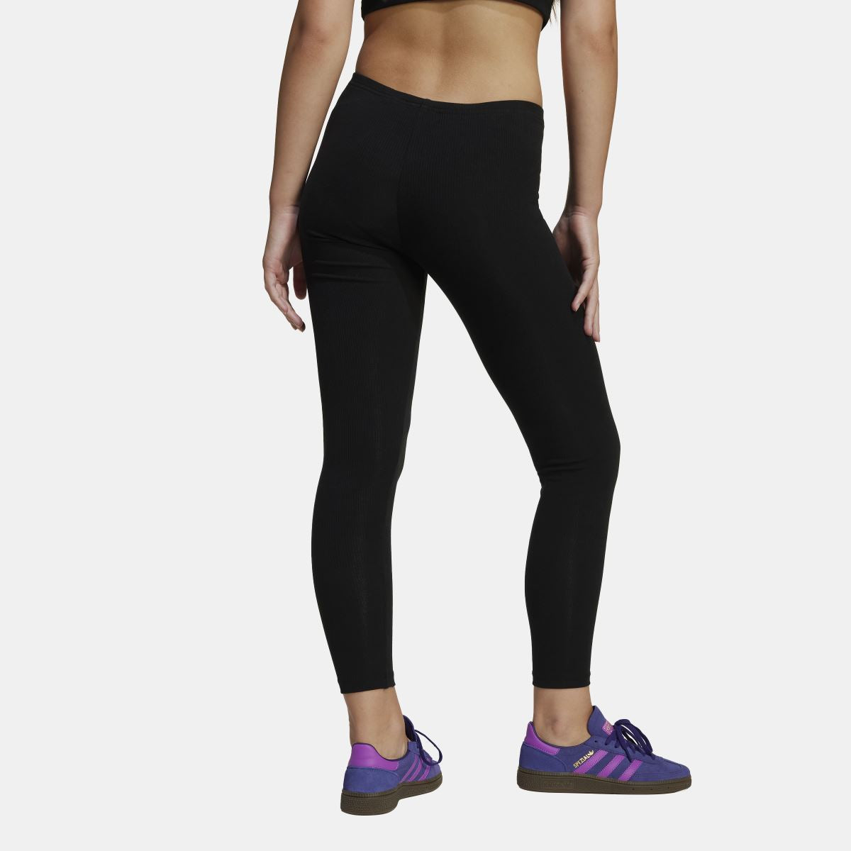 Black ribbed juniors leggings with adidas trefoil logo, tapered full length