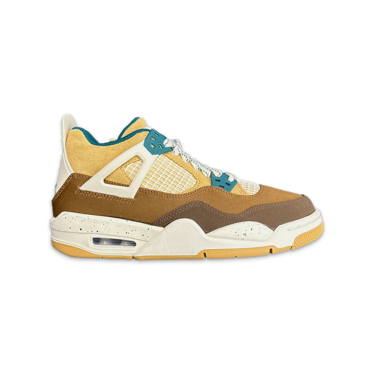 Kids' Air Jordan 4 Retro sneakers in tan, white, and blue with mesh panels