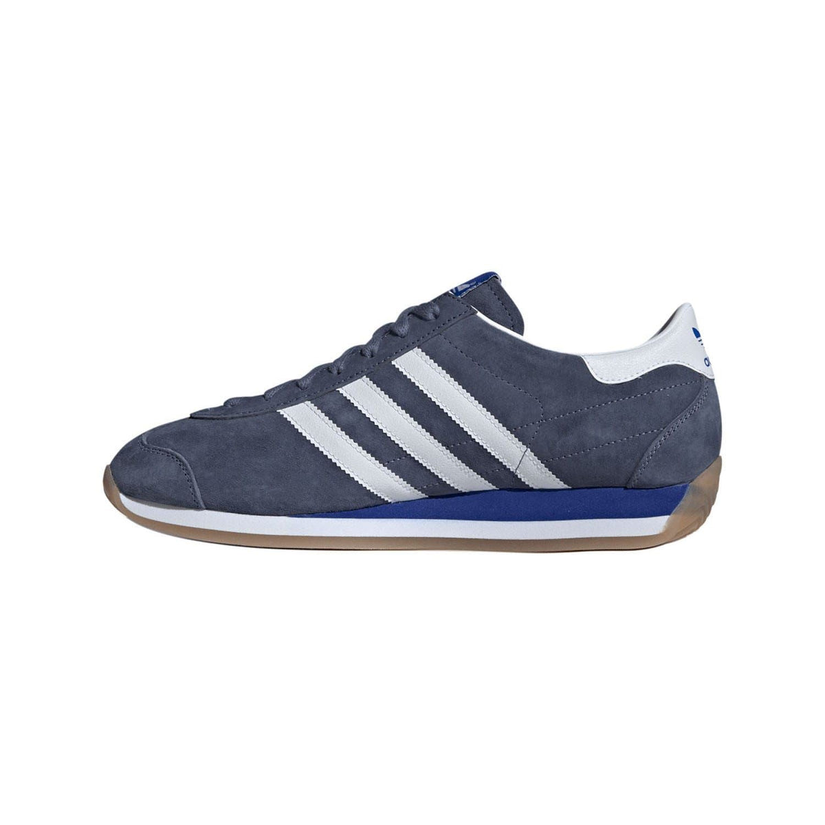 Navy suede trainers with white three stripes, lace-up design and blue-trim sole