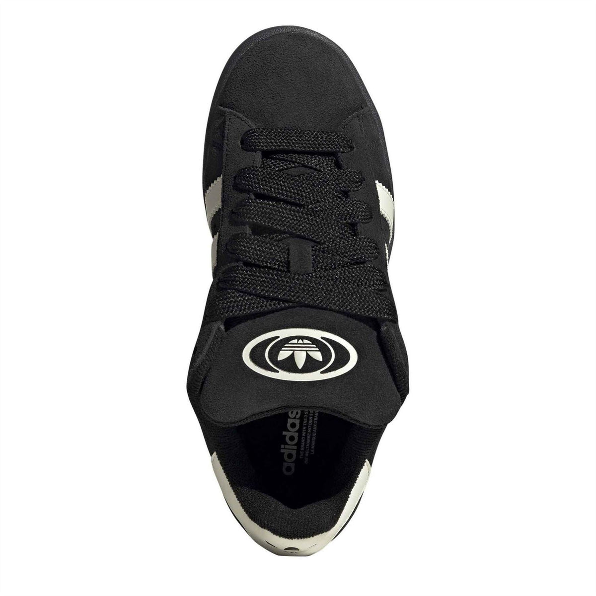 Black Adidas Originals sneaker insole showing trefoil logo and lace-up upper