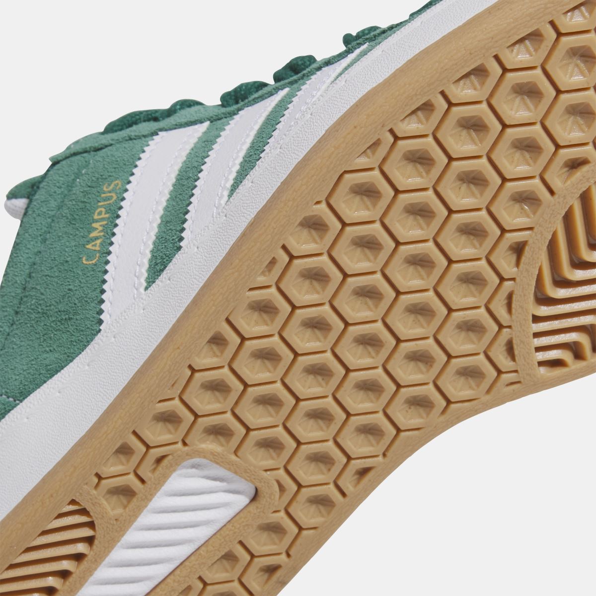 adidas Originals Campus ADV shoes outsole close-up, hex-pattern tread in tan rubber