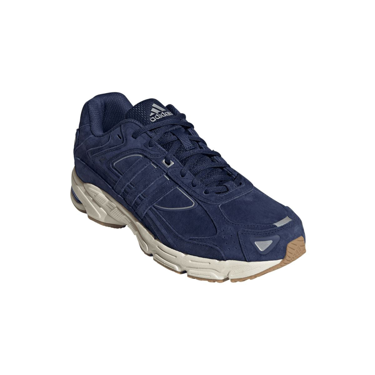 Navy adidas Response CL sneaker angled view with lace-up, suede upper, and white sole