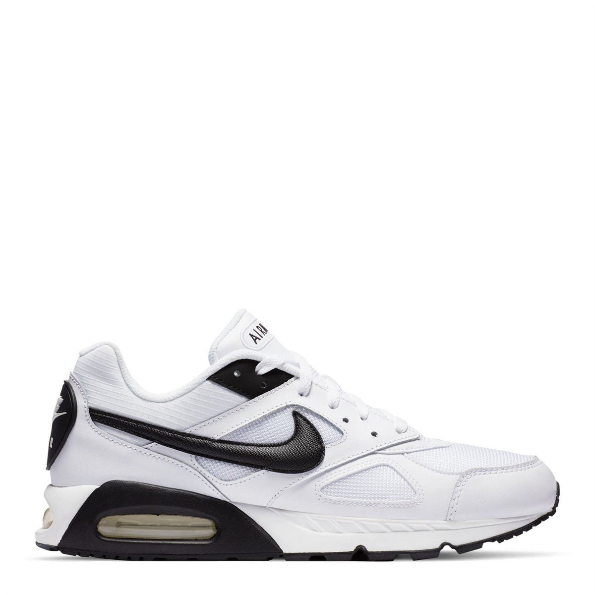 White Nike Air Max Ivo trainers with black swoosh and black heel panel, side profile
