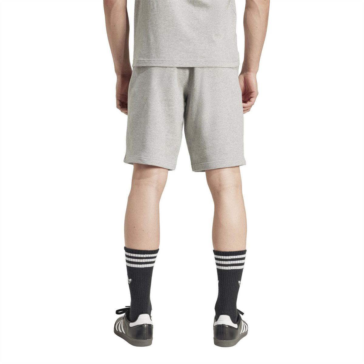 Med Grey Heath Essentials shorts on model, straight hem and elastic waistband