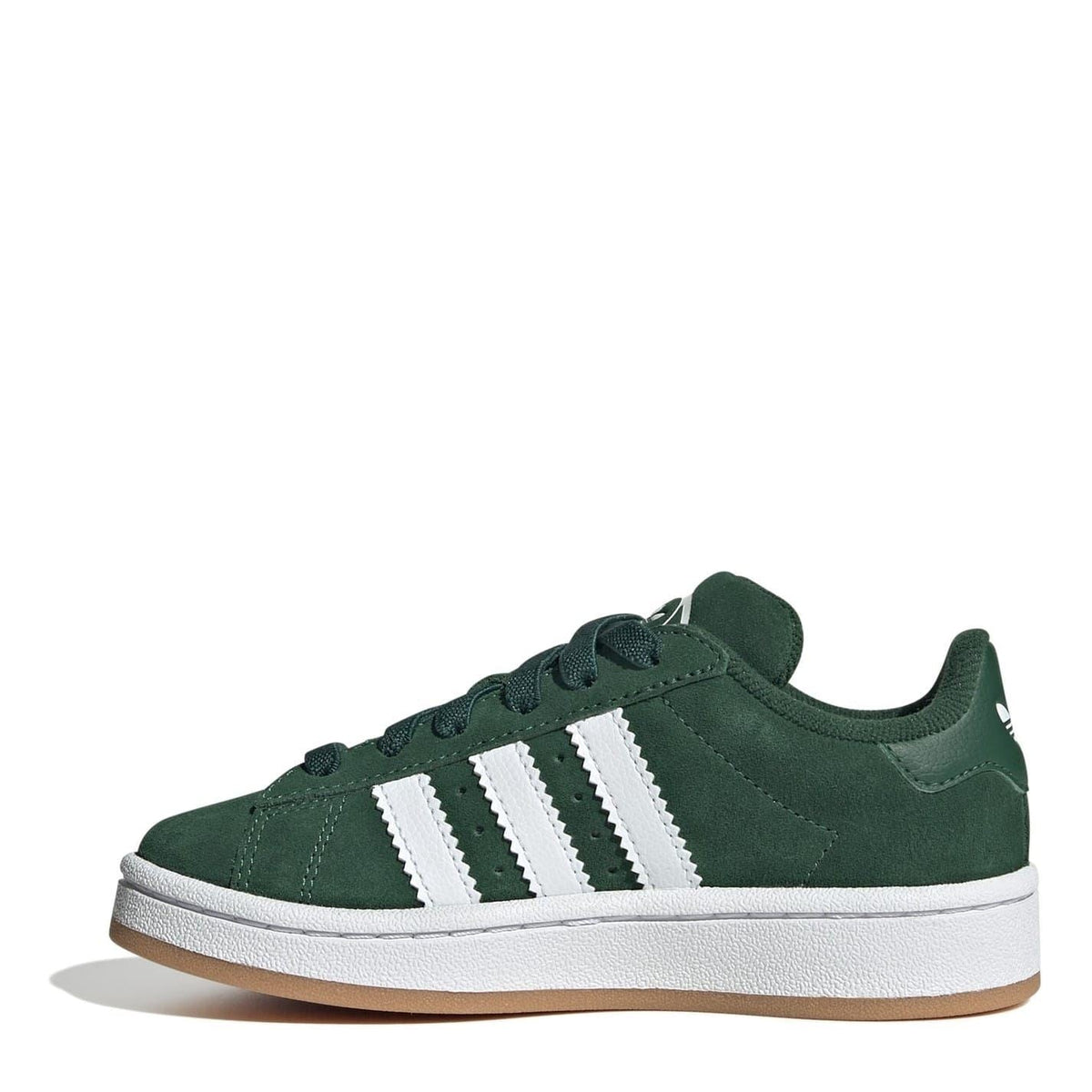 adidas Originals Campus 00s kids shoes, green suede with white 3-Stripes and cupsole.
