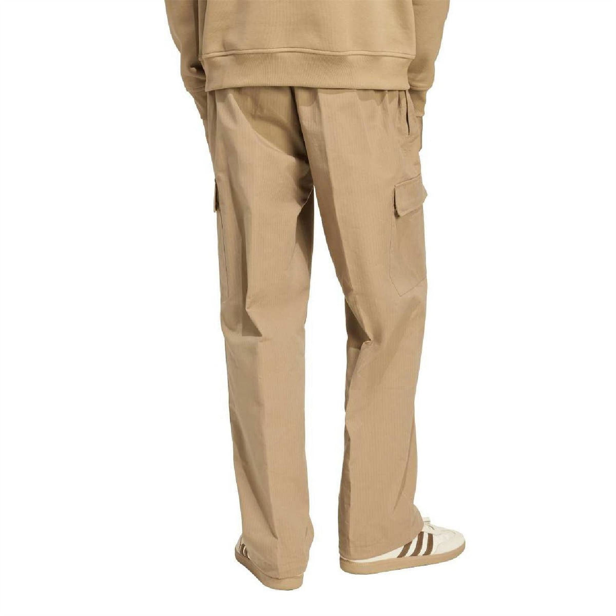 adidas Originals cargo pants, tan; cargo flap pockets on tapered legs