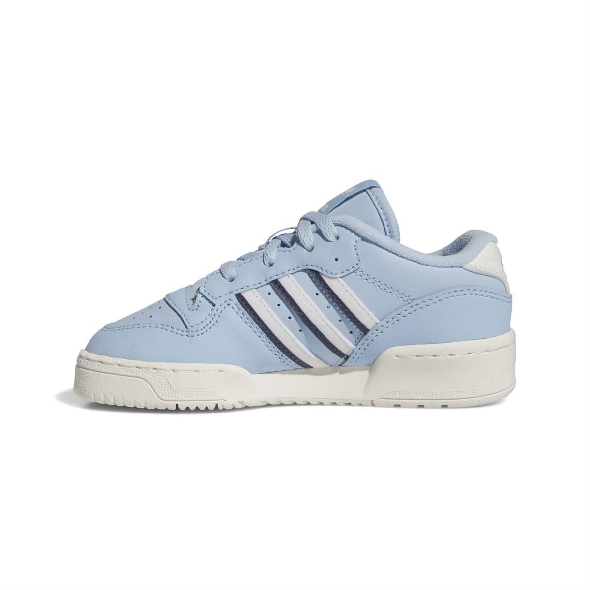 Light blue low-top trainers with three stripes, lace-up, and off-white sole