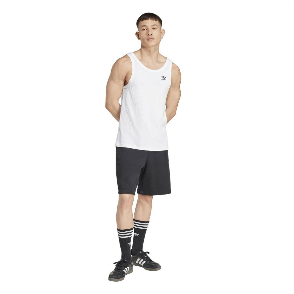 White sleeveless scoop-neck tank with adidas logo and hip-length hem