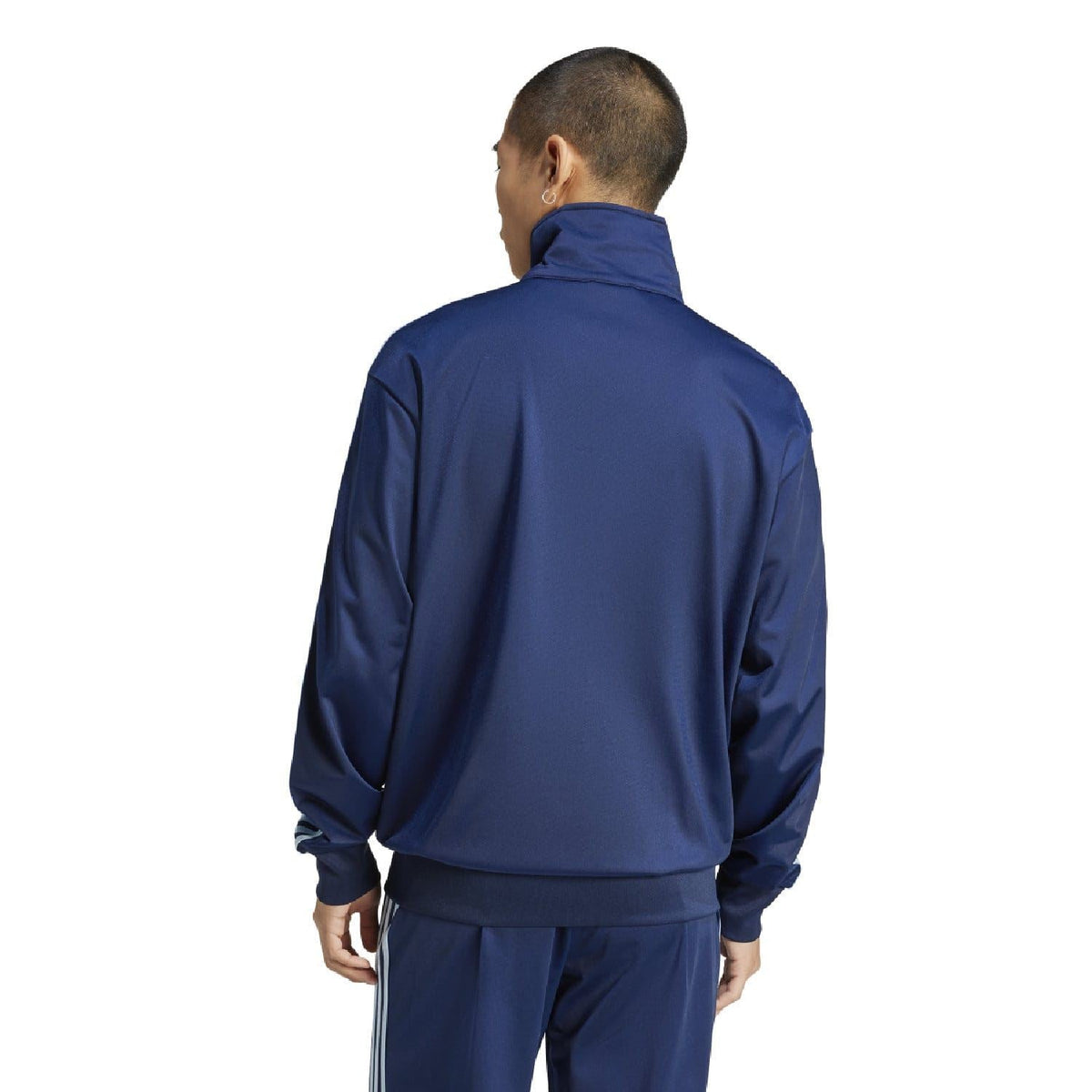 Indigo adidas Originals track jacket from back view with stand collar and full-zip