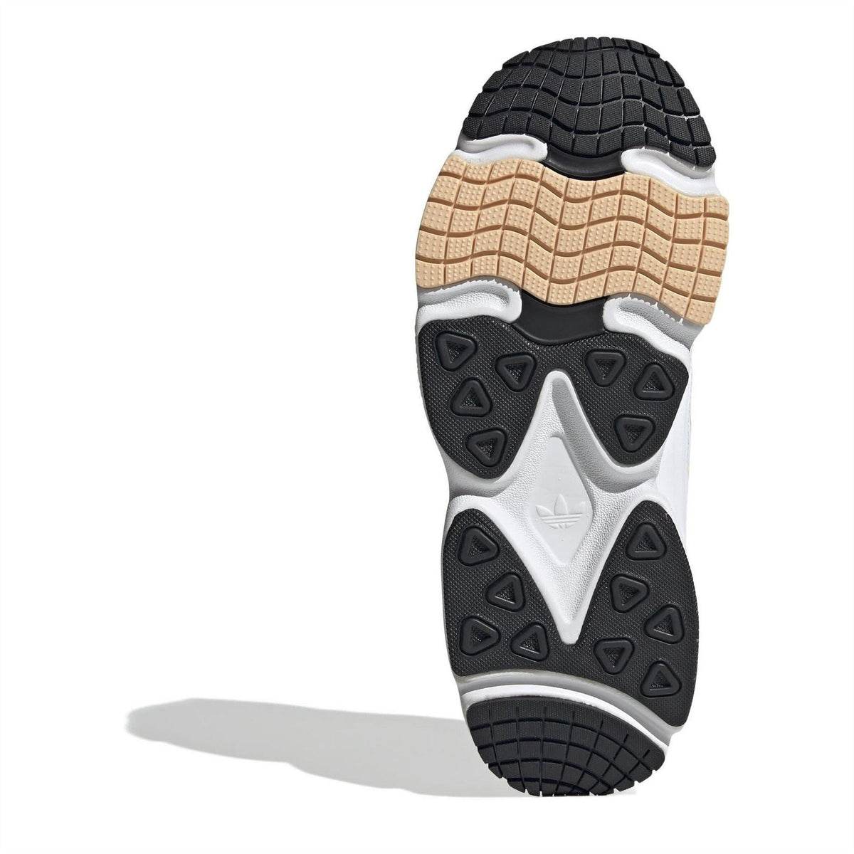 adidas Originals low-top sneakers, outsole view, black tread with tan and white midsole