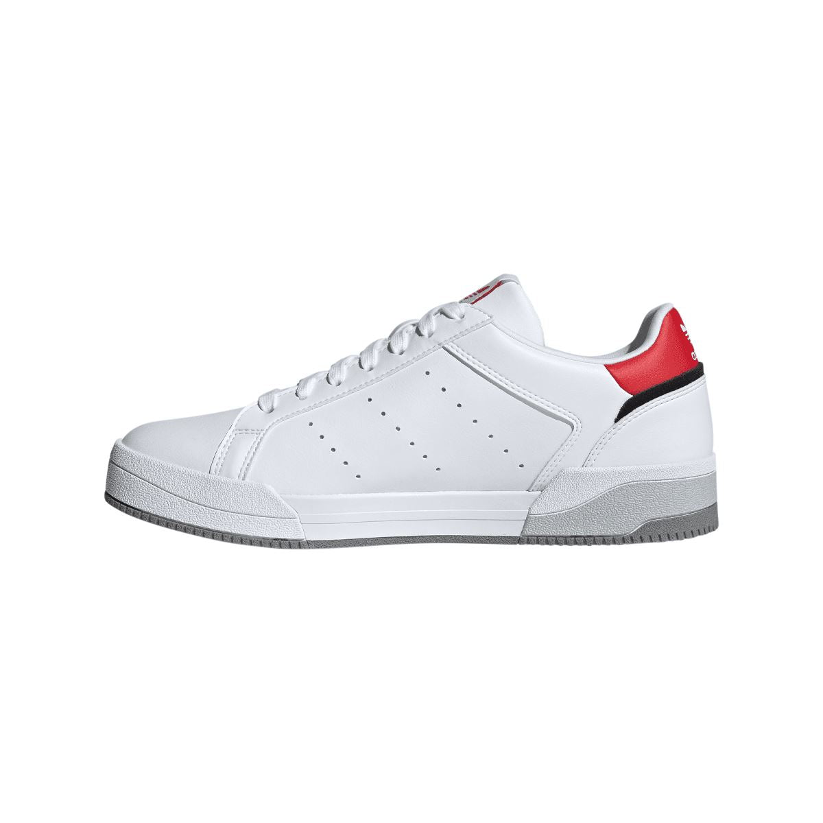 White adidas Originals court trainers with red heel collar stripe and lace-up design