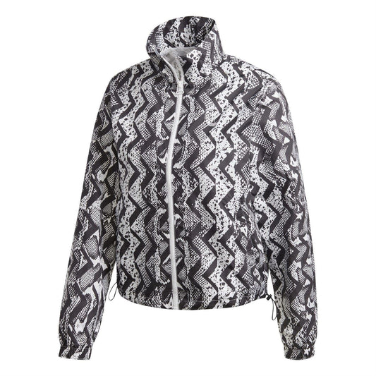 adidas Originals hooded athletic top with allover zigzag print, zip front, high neck