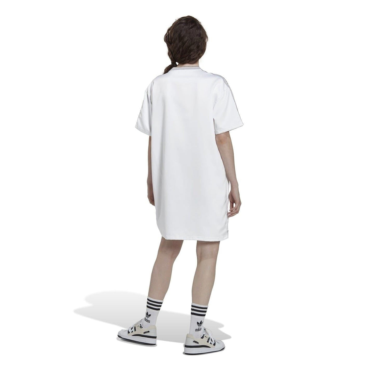 adidas Originals women's T-shirt dress, casual top with short sleeves and crew neckline, black fabric, relaxed fit, front logo detail