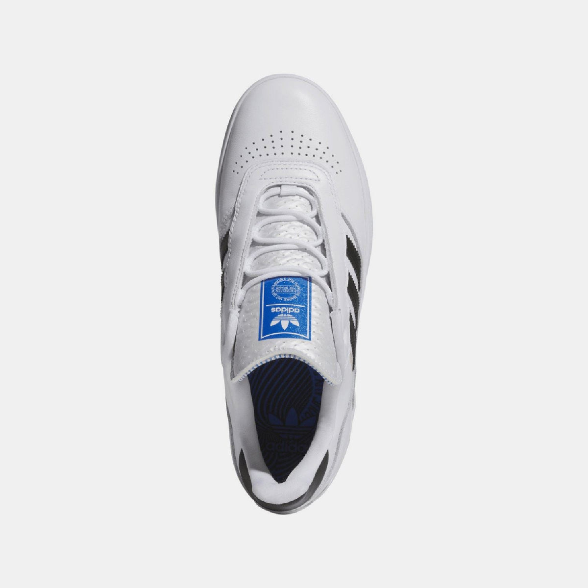 White trainers viewed from the toe, with perforated forefoot and lace-up front
