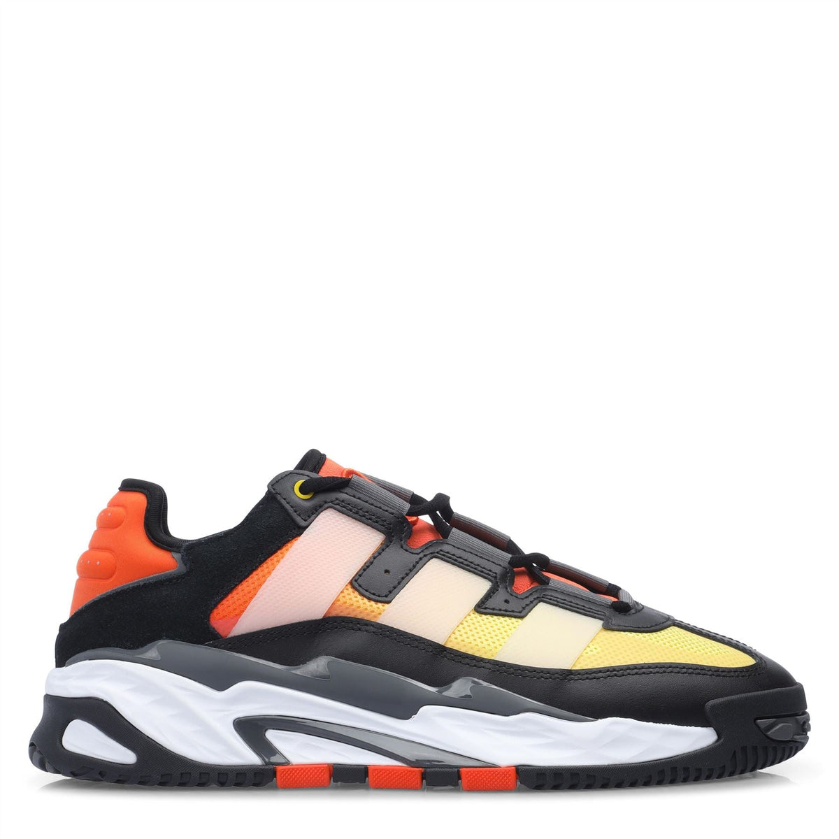 adidas Niteball trainers, black with cream stripes, yellow toe, orange heel accents