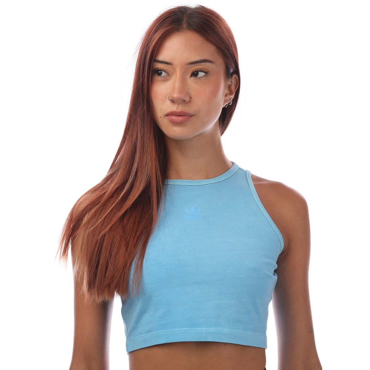 adidas Essentials+ blue crop tank top, sleeveless with small chest logo
