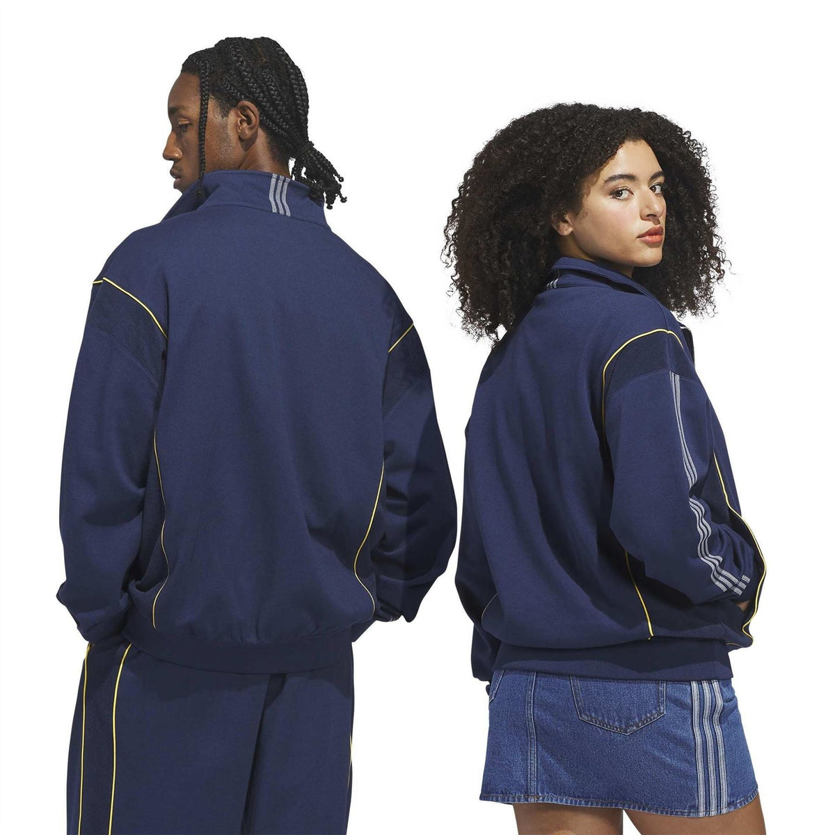 adidas Originals track jacket dark blue with yellow piping and ribbed cuffs; back view