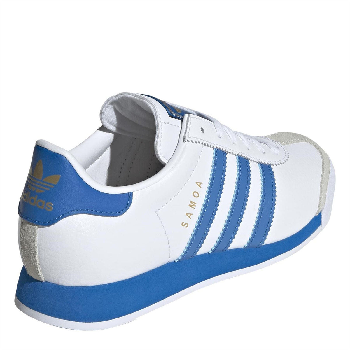 Juniors low-top sneakers with white upper, blue heel tab, and side stripe detailing