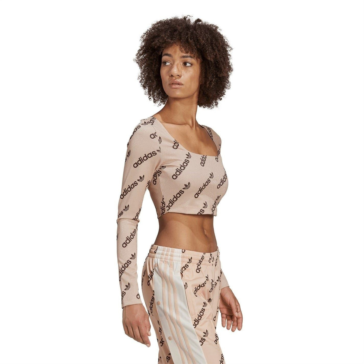 adidas Originals long-sleeve crop top, blush pink adidas logo pattern and square neckline