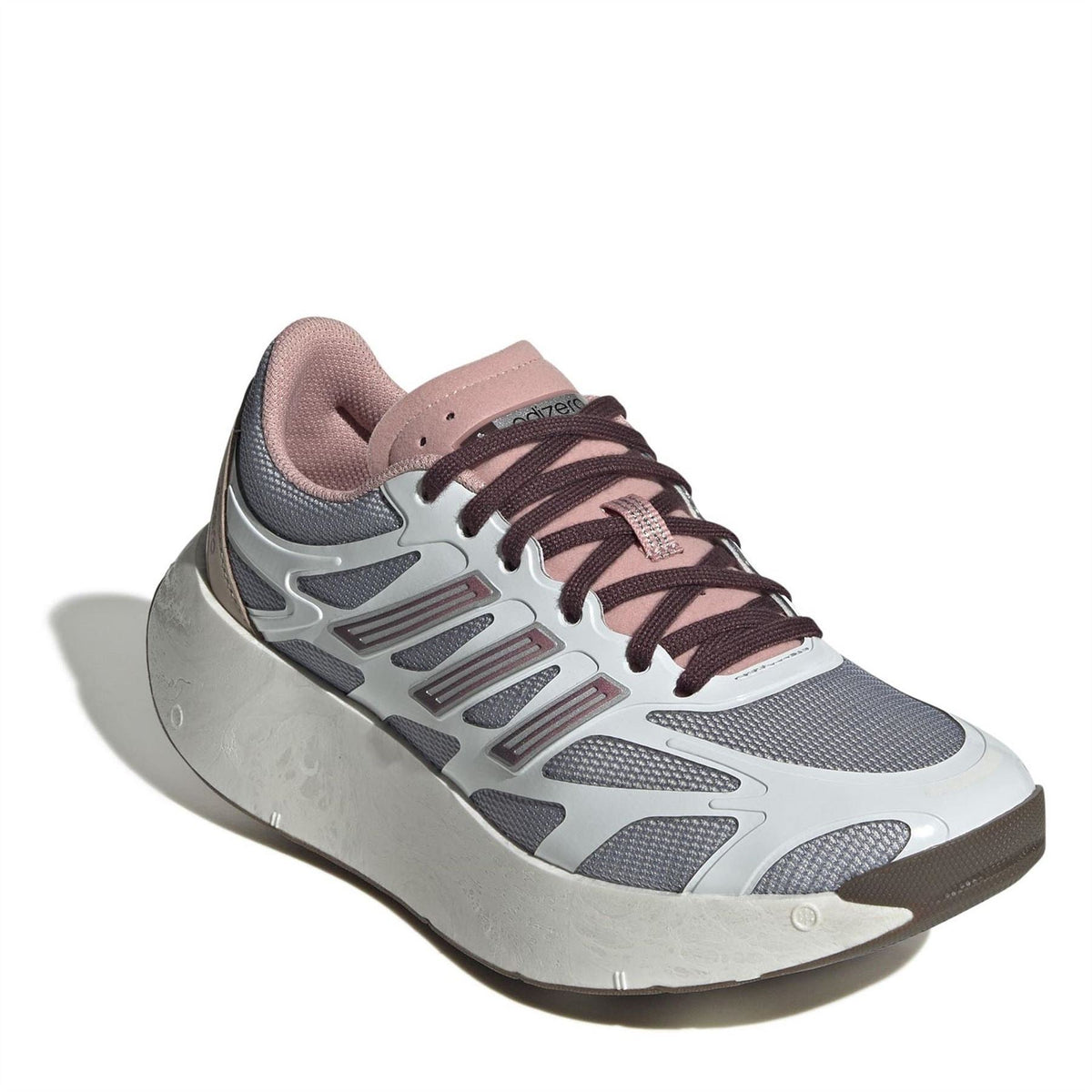 White and mauve low-top sneakers, front 3/4 view with mauve collar and lace-up
