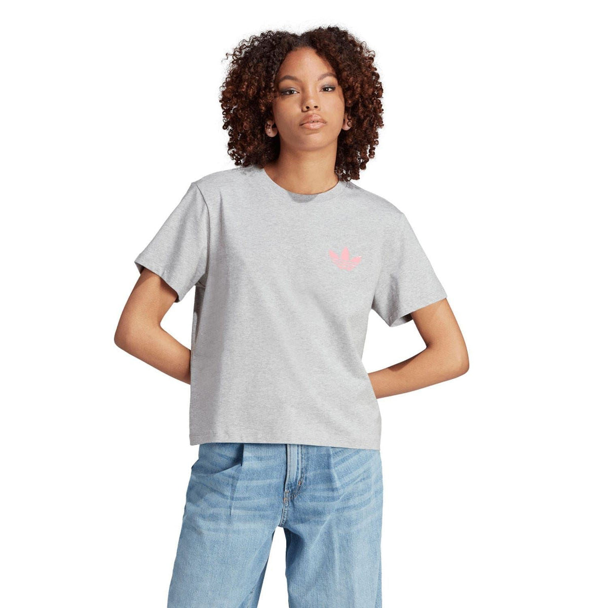 Grey crew-neck T-shirt with pink adidas trefoil logo on front