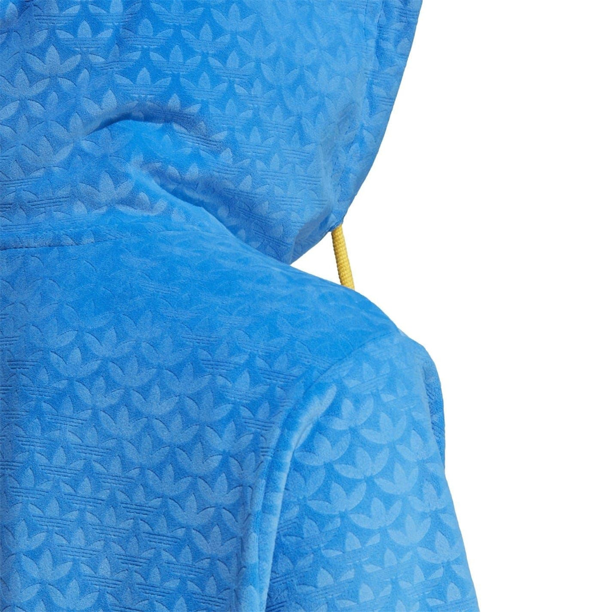 adidas Originals Adicolour 70s velour zip hoodie, gray and blue sweatshirt with front zipper and drawstring hood.