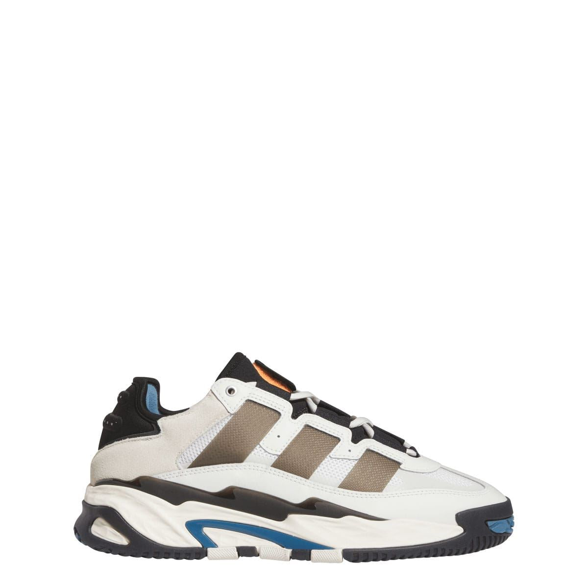 Niteball low-top sneakers in white leather with tan stripes and black heel