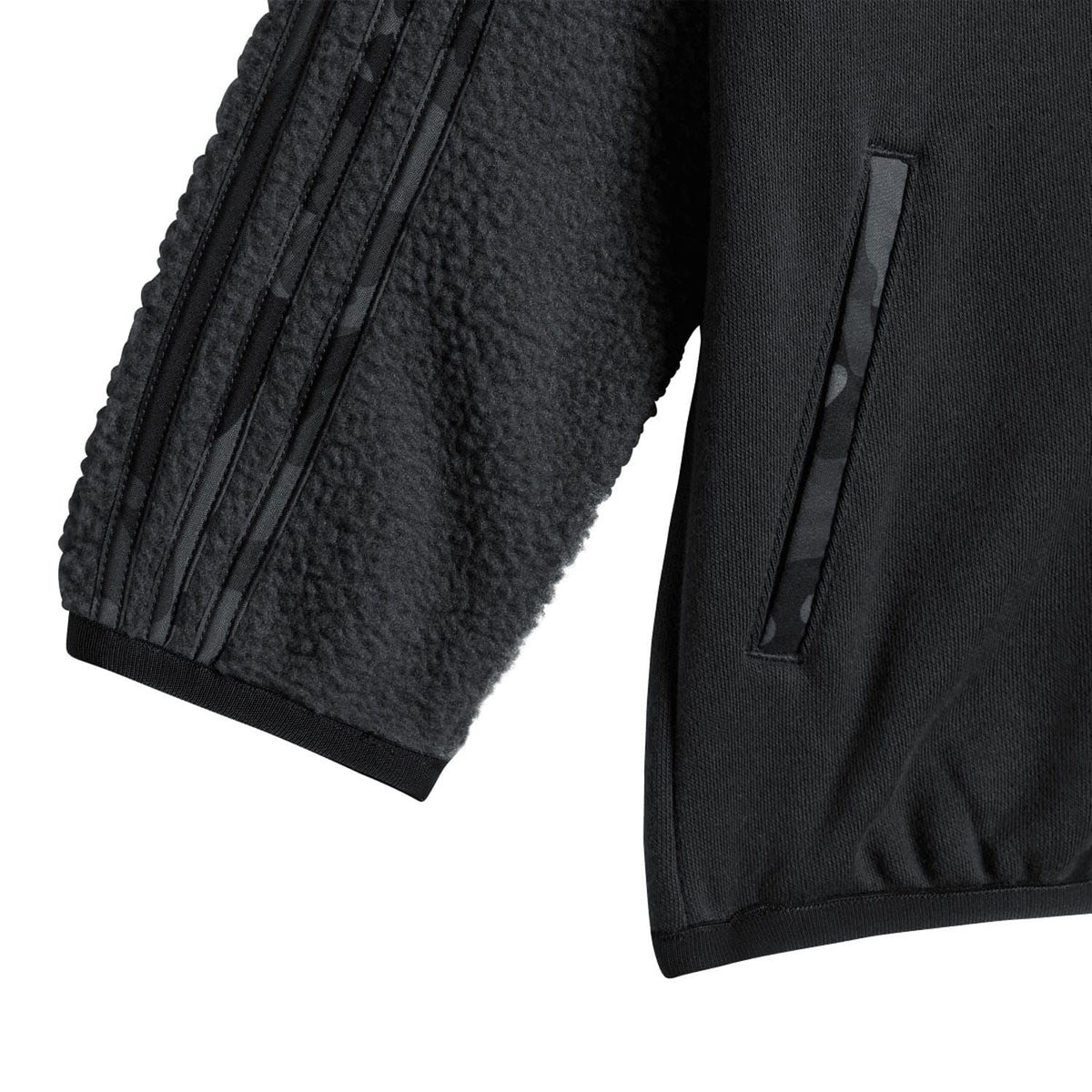Infants polar fleece detail: dark grey jacket sleeve stripes and zipped pants