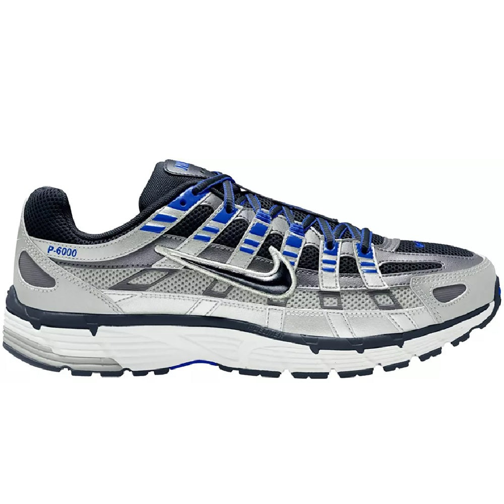 Nike P-6000 running shoes in wolf grey with blue accents, lace-up side view