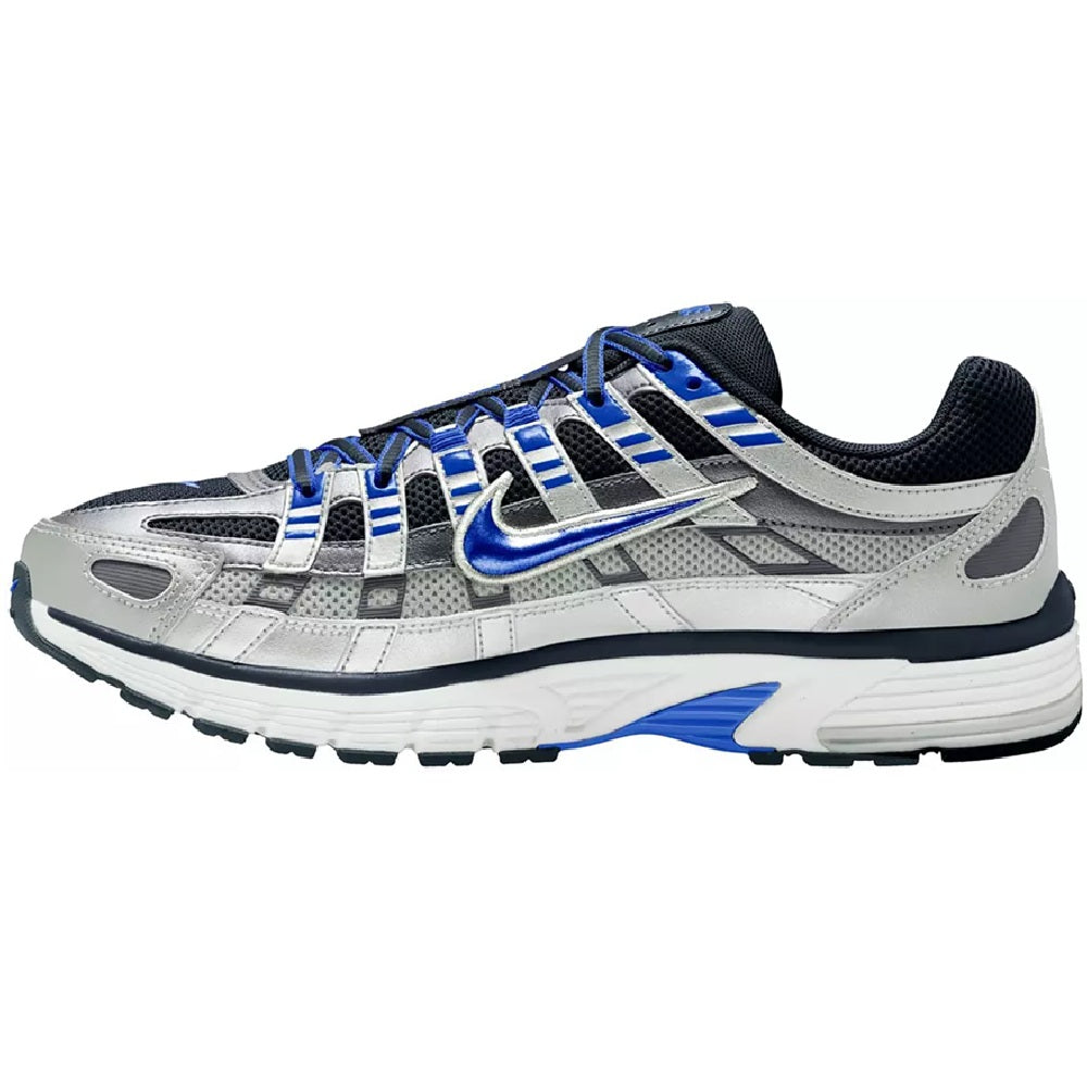 Nike P-6000 running shoes in wolf grey with electric blue laces and striped overlays