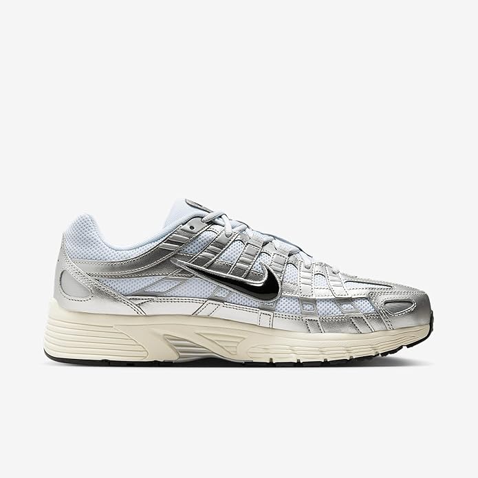 Nike P-6000 sneaker, silver-white upper with black Swoosh and cream sole