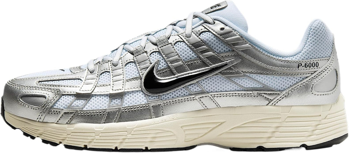 Nike P-6000 men's sneaker in white and metallic silver with black Swoosh