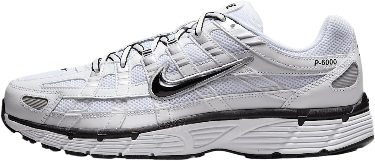 White Nike P-6000 runner with black Swoosh, silver accents, lace-up, thick striped sole