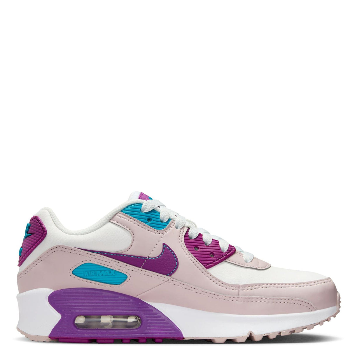 Kids' Nike Air Max 90 sneakers, side view, white upper with purple swoosh and Air window