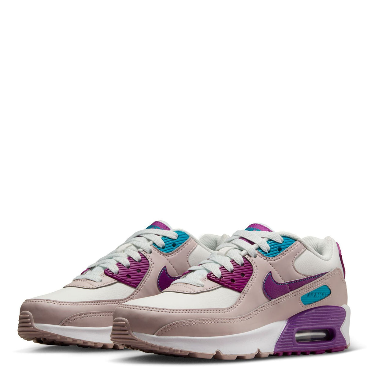 Kids' Nike Air Max 90 sneakers, front view, white with purple overlays and turquoise laces