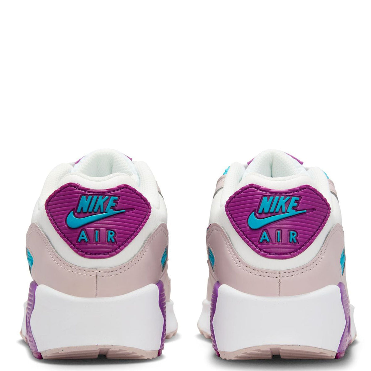 Kids' Nike Air Max 90 sneakers, heel view, white back with Nike Air logo and purple trim