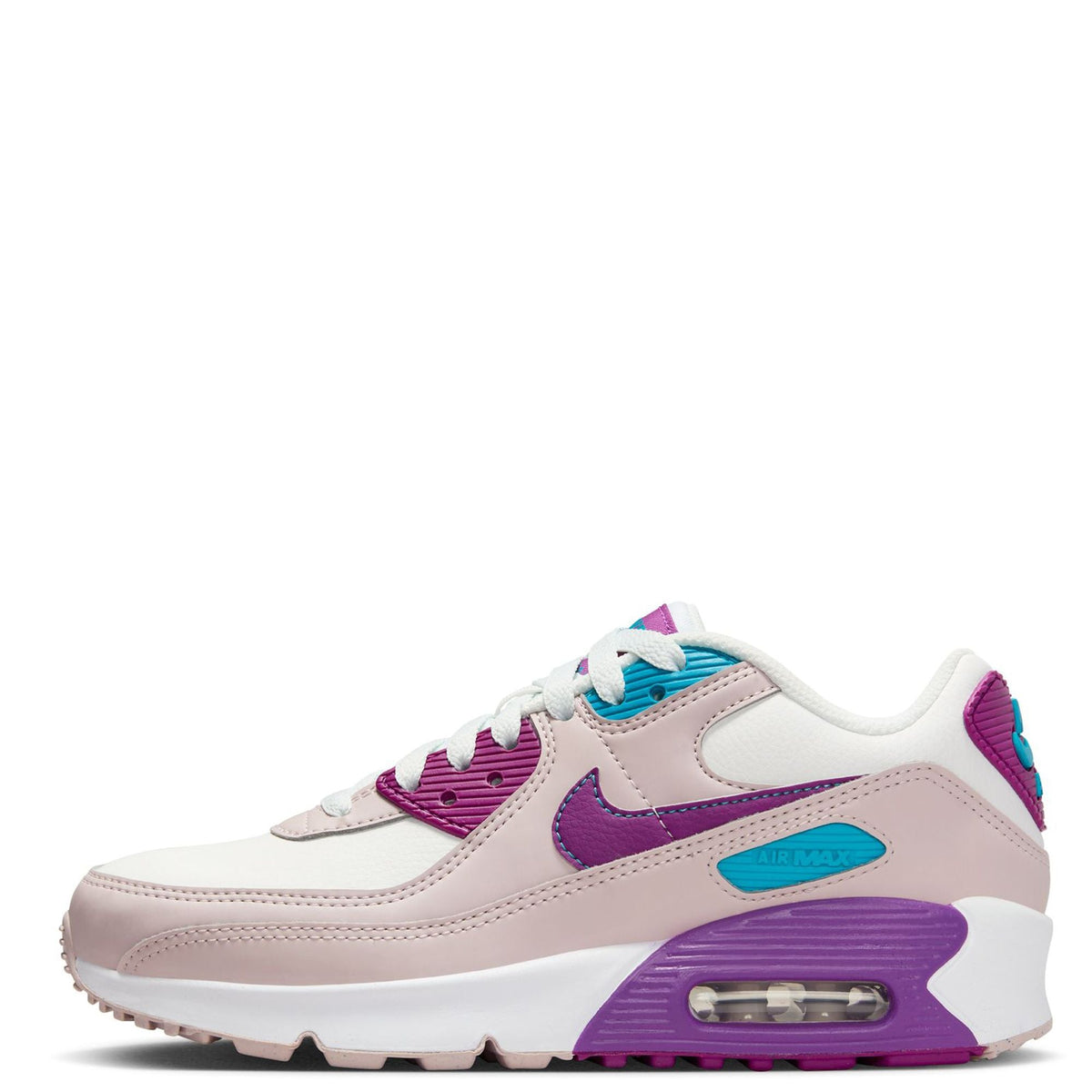 Kids' Nike Air Max 90 sneakers with white, pink, purple, and turquoise accents, Air sole