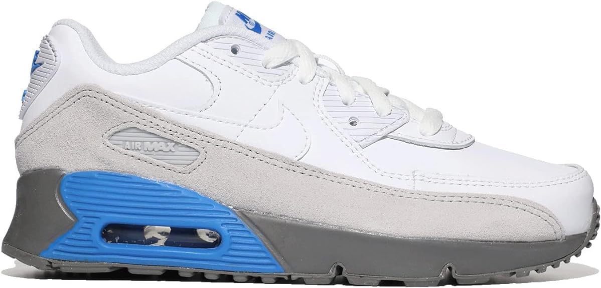 Kids' Nike Air Max 90 LTR sneakers, white/grey uppers with blue outsole Air window