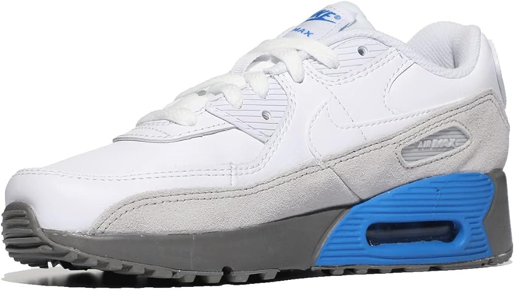 Kids' Nike Air Max 90 LTR sneakers, white leather with grey side stripe and blue Air unit