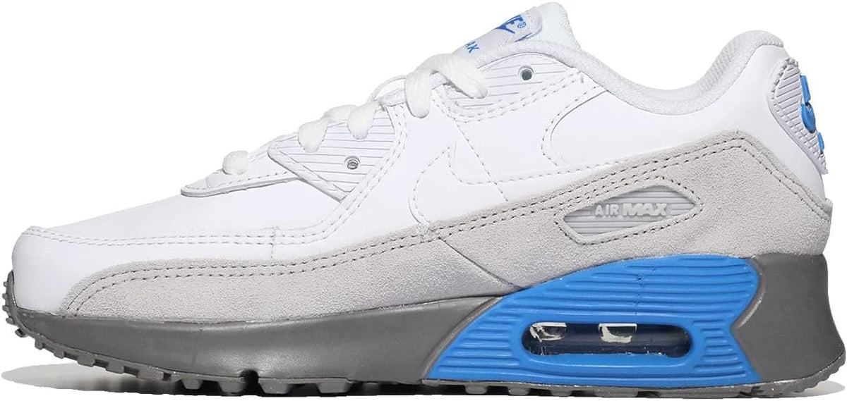 Kids' Nike Air Max 90 LTR sneakers, white with grey panels and blue Air unit