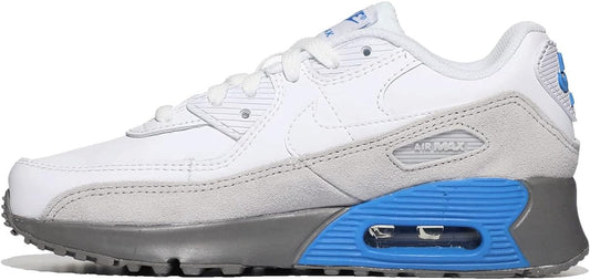 Kids' Nike Air Max 90 LTR sneakers, white with grey panels and blue Air unit