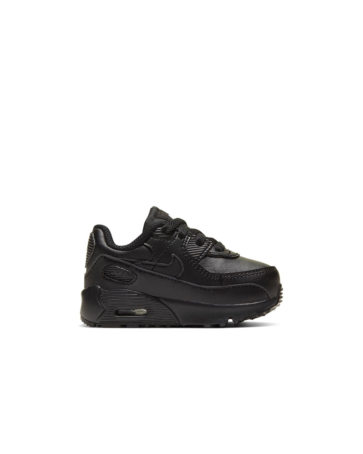Kids' black Nike Air Max 90 low-top sneaker with side swoosh and Air unit