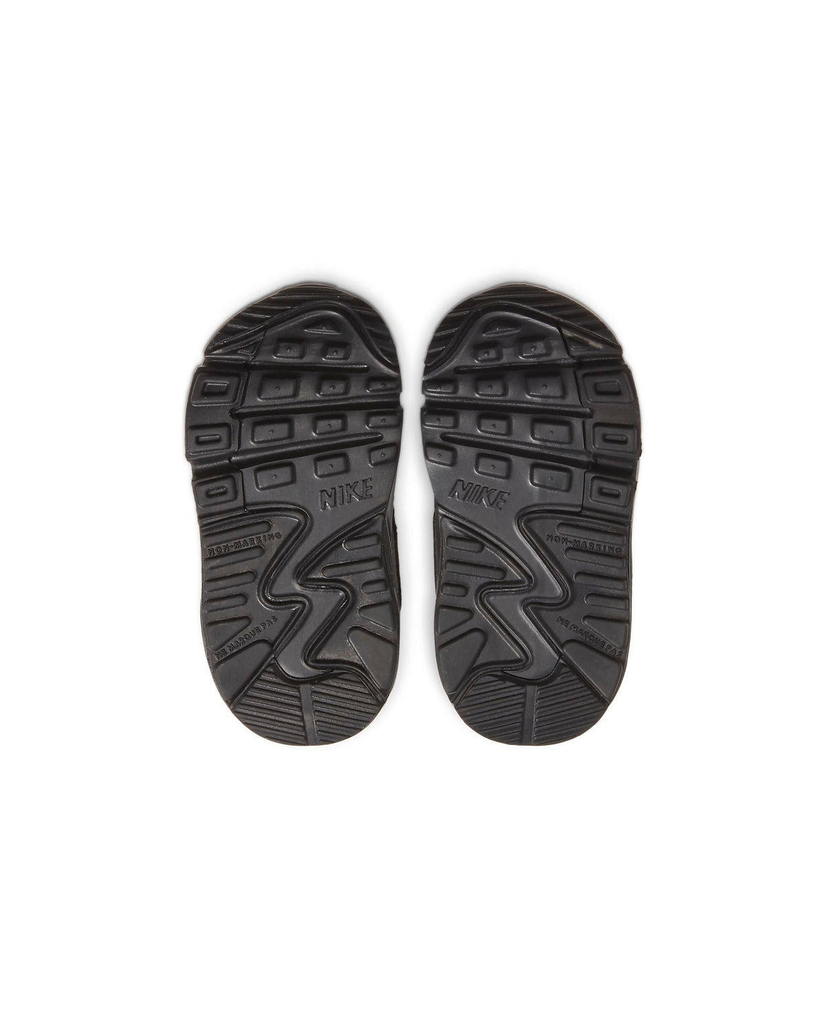 Kids' black sneaker outsole with traction tread pattern, back view