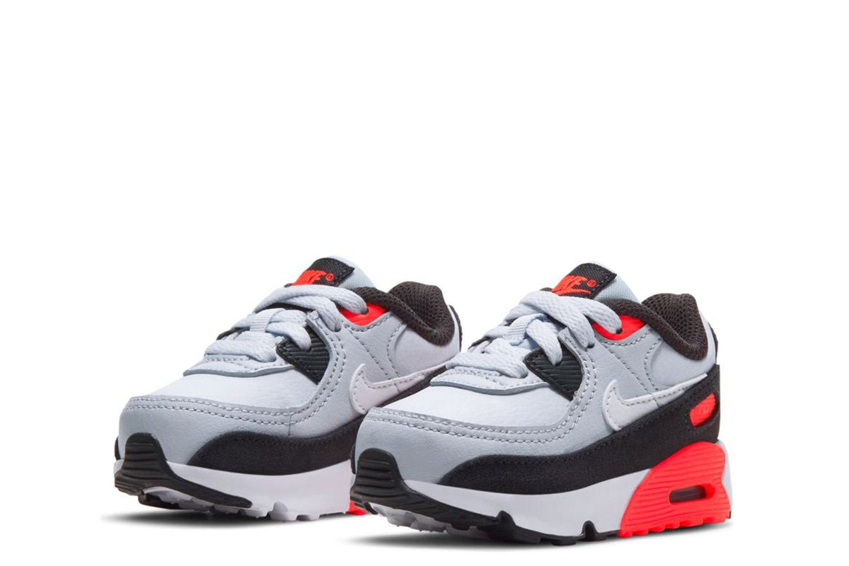 Toddler Nike Air Max 90 LTR sneakers pair, grey/white with black and red Air heel details